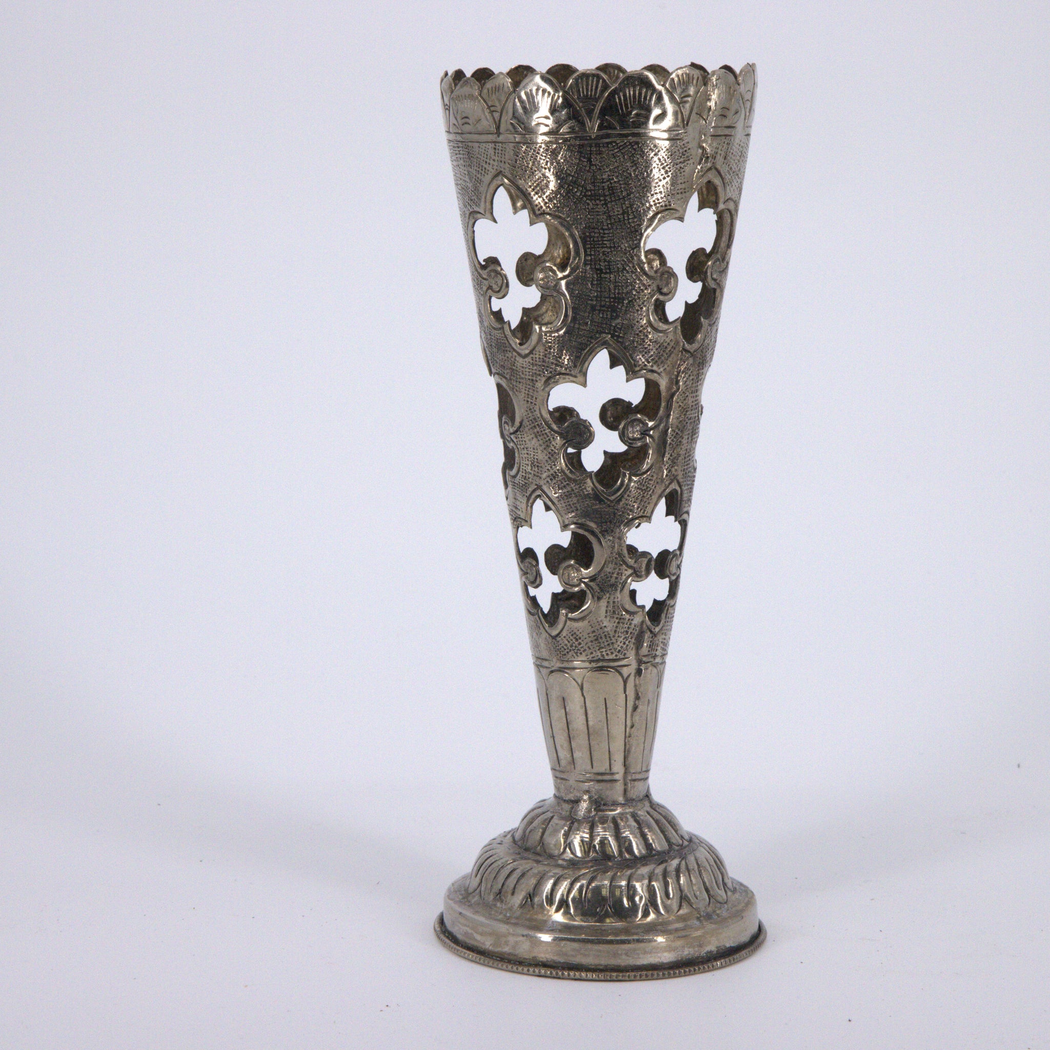 Antique Silver-Plated Pierced Vase with Fleur-de-Lis Design