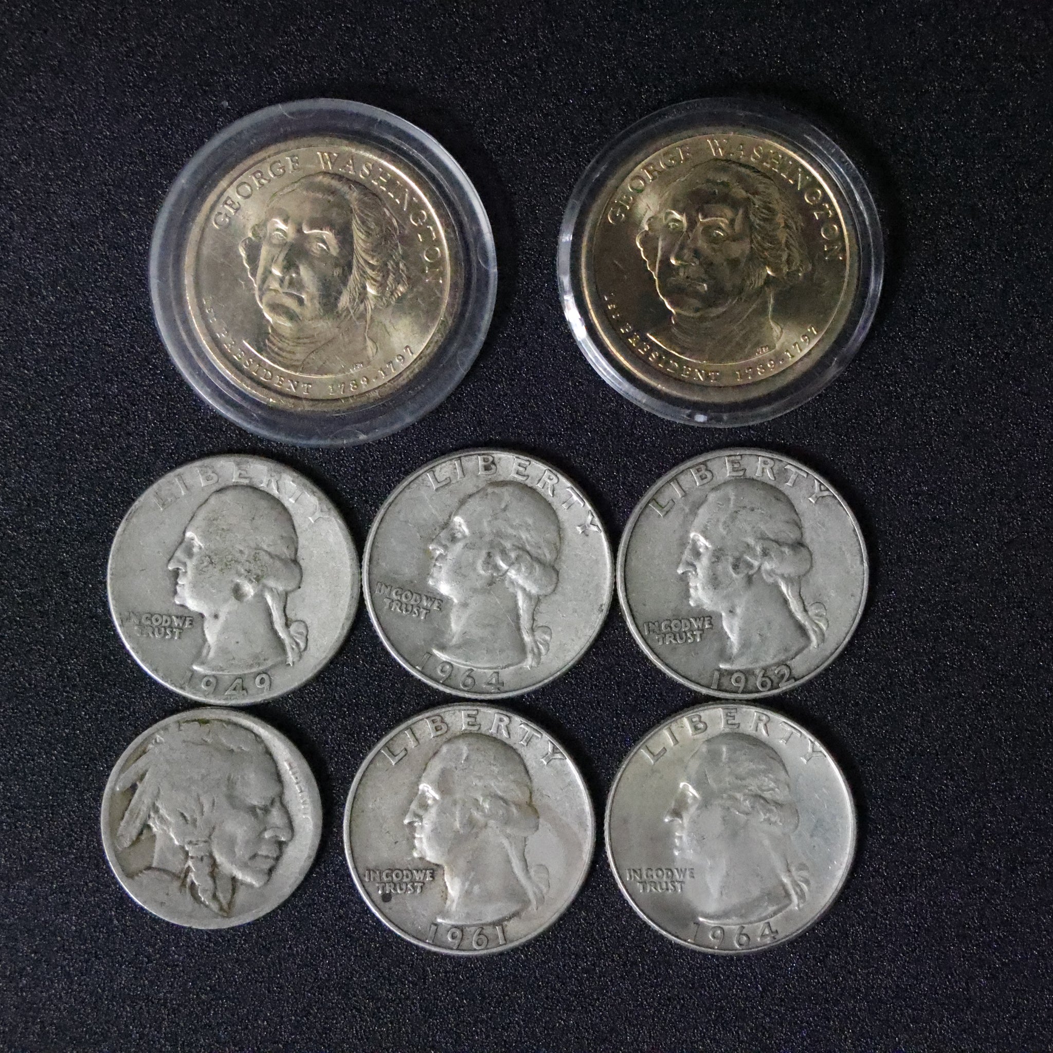 Diverse Mix of U.S. Collectible Coins: Silver Quarters and Modern Commemorative Dollar